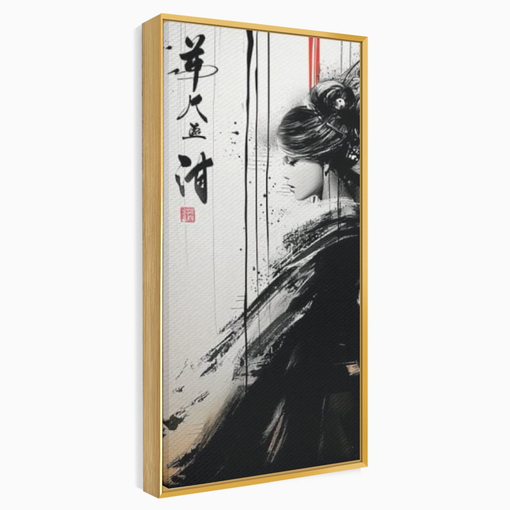Tablou canvas cu tablou vertical cu gheisa in tus, in rama de aluminiu auriu